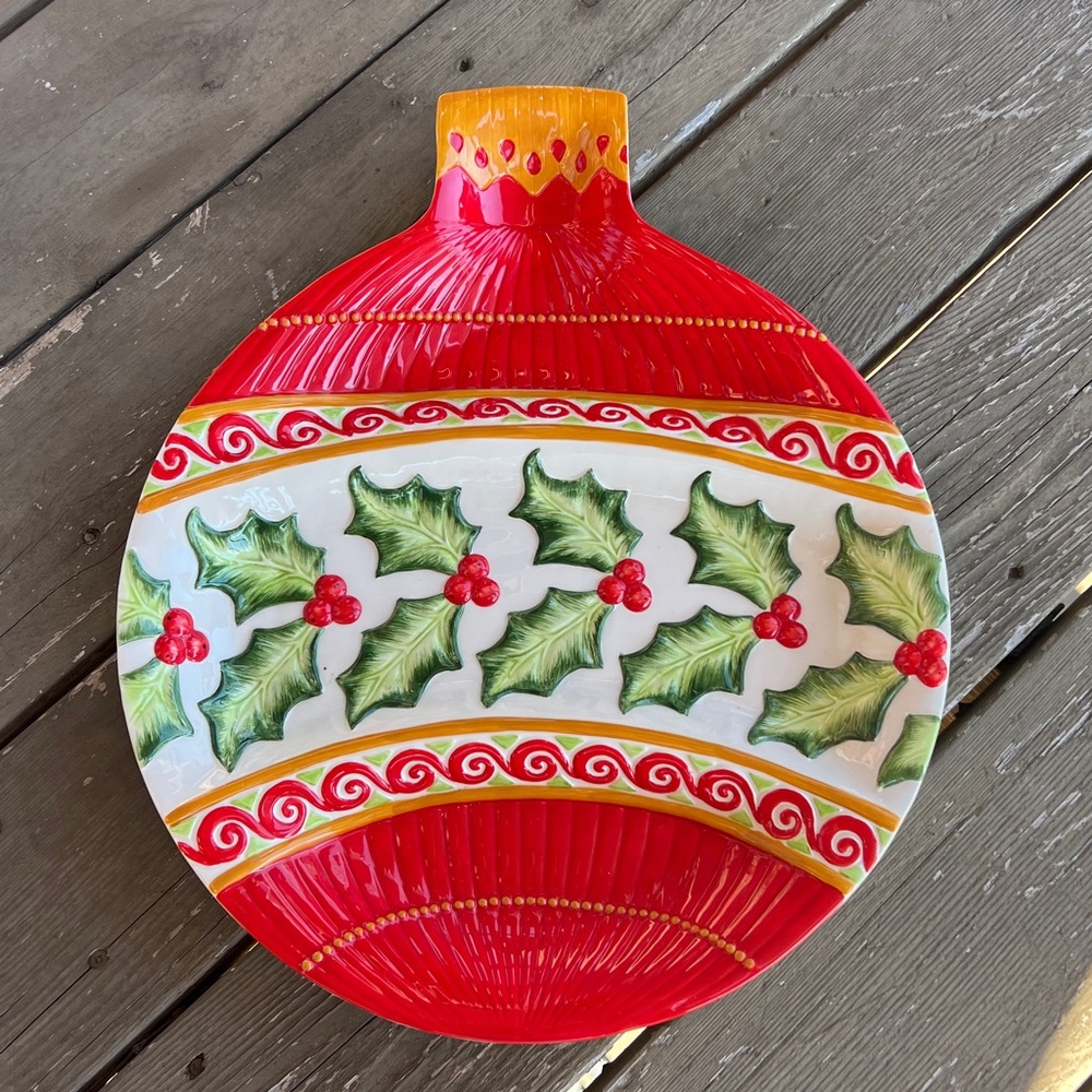 Fitz & Floyd Christmas Ornament Chip & Dip Platter 14" Divided Ceramic Tray 2005
